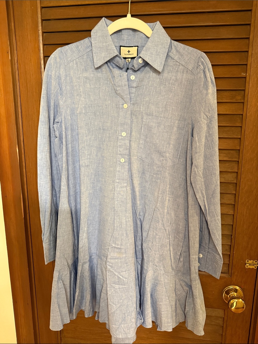 Tuckernuck Light Blue Chambray Linen Shirt Dress with Flared Hem